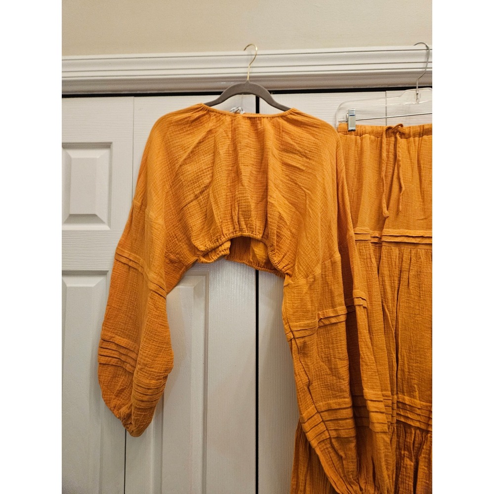 Charlie Holiday Marigold Orange Gauze Crop Top and Tiered Maxi Skirt Set L